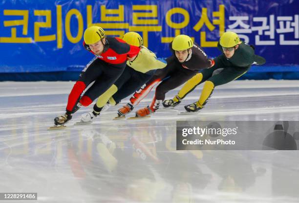 Herrmann Paul, front, of the Germany competes in the men's men 1000-metres pre-preliminaries of the 2009 ISU World Cup Short Track Speed Skating...