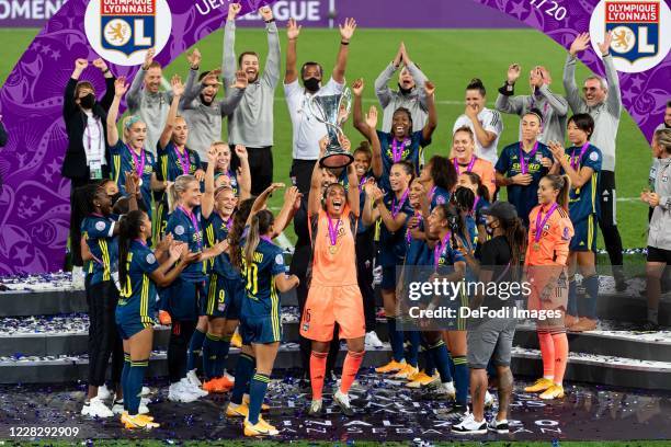 Goalkeeper Sarah Bouhaddi of Olympique Lyon lifts the UEFA Women's Champions League Trophy after the victory of her team during the UEFA Women's...