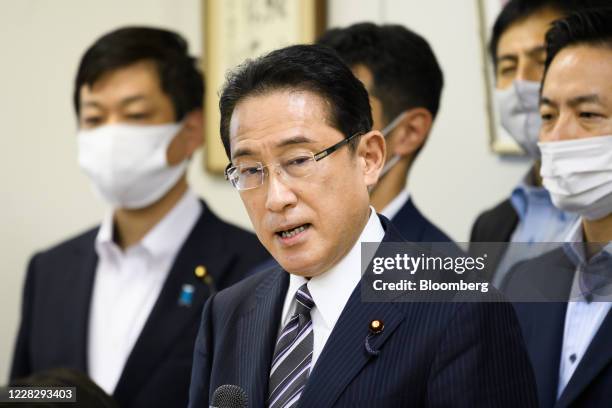 Fumio Kishida, chairman of the Policy Research Council at the Liberal Democratic Party , speaks as he announces his candidacy for the LDP...