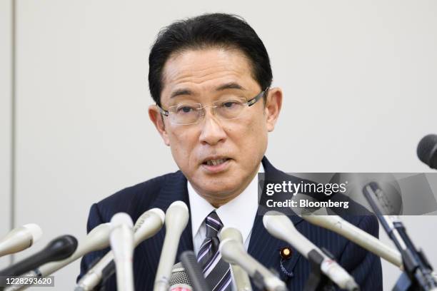 Fumio Kishida, chairman of the Policy Research Council at the Liberal Democratic Party , speaks as he announces his candidacy for the LDP...