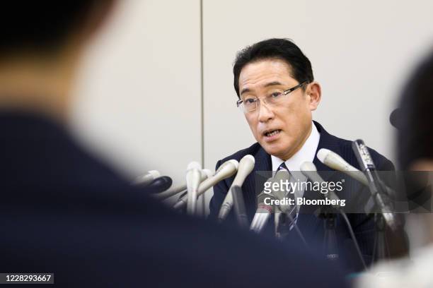 Fumio Kishida, chairman of the Policy Research Council at the Liberal Democratic Party , speaks as he announces his candidacy for the LDP...