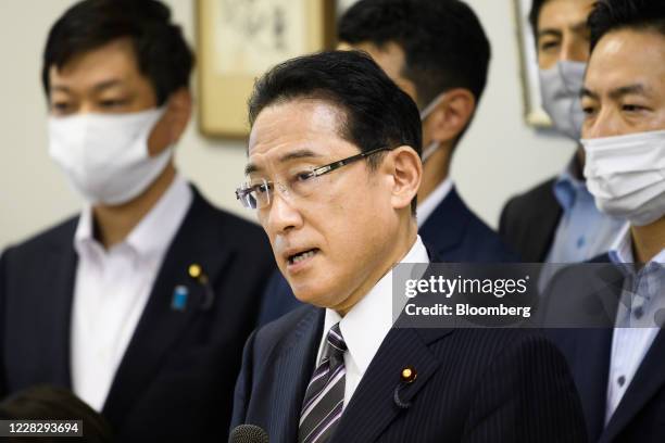 Fumio Kishida, chairman of the Policy Research Council at the Liberal Democratic Party , speaks as he announces his candidacy for the LDP...