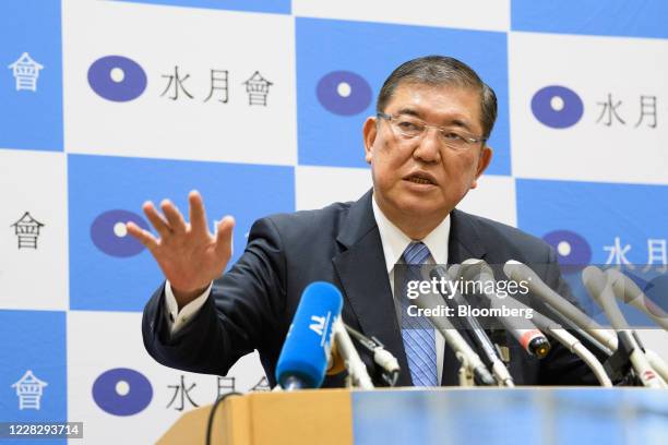 Shigeru Ishiba, a member of the Liberal Democratic Party and the House of Representatives, speaks as he announces his candidacy for the LDP...
