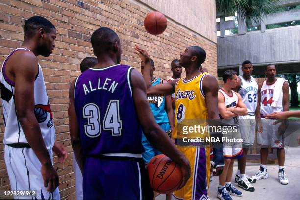 Kobe Bryant of the Los Angeles Lakers and Ray Allen of the Milwaukee Bucks prepare for a portrait during the 1996 NBA Rookie Photo Shoot on September...