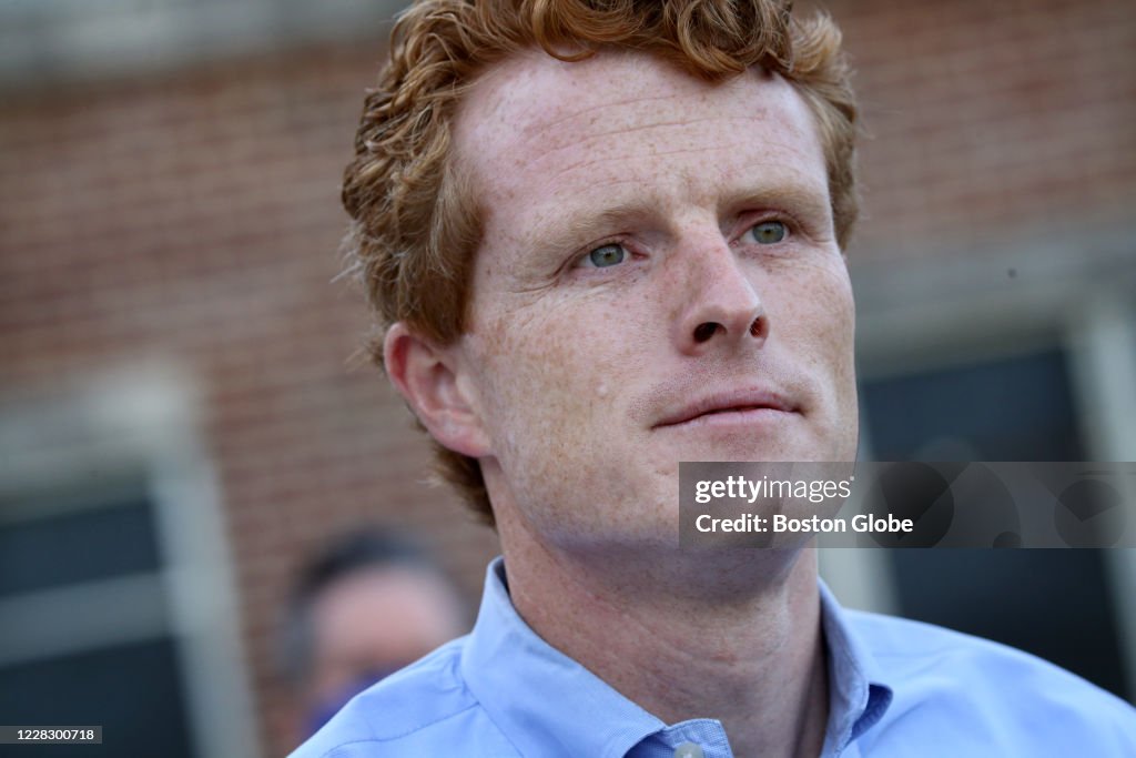 Congressman Joe Kennedy speaks to the media during a campaign stop at ...