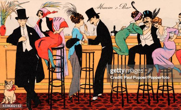 Vintage French postcard illustration featuring the scene at Maxim's Bar in Paris including men wearing white tie and top hats, women in evening wear...