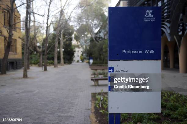 Sign provides directions to various faculties at the deserted Melbourne University campus in Melbourne, Australia, on Tuesday, Sept. 1, 2020. A...