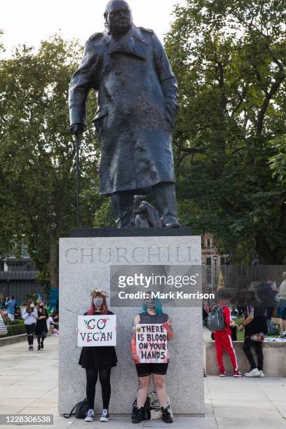 Animal rights activists from Animal Rebellion hold signs in front of the statue of Sir Winston Churchill during a Back The Bill rally by Extinction...