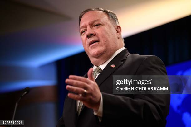 Secretary of State Mike Pompeo speaks during his weekly briefing at the State Department in Washington, DC, on September 2, 2020. - US Secretary of...