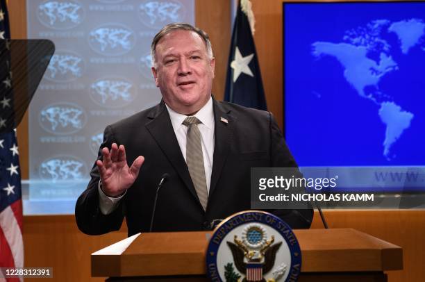 Secretary of State Mike Pompeo speaks during his weekly briefing at the State Department in Washington, DC, on September 2, 2020.