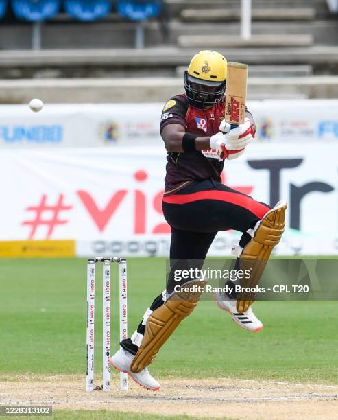 Darren Bravo of Trinbago Knight Riders hits 4 during the Hero Caribbean Premier League match 23 between Trinbago Knight Riders and St Kitts & Nevis...