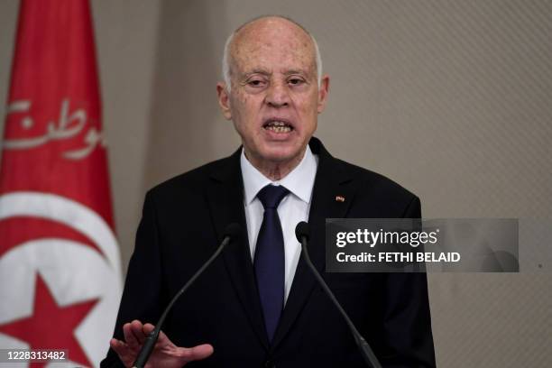 Tunisia's President Kais Saied speaks during the new government swearing-in ceremony at Carthage Palace on the eastern outskirts of the capital Tunis...