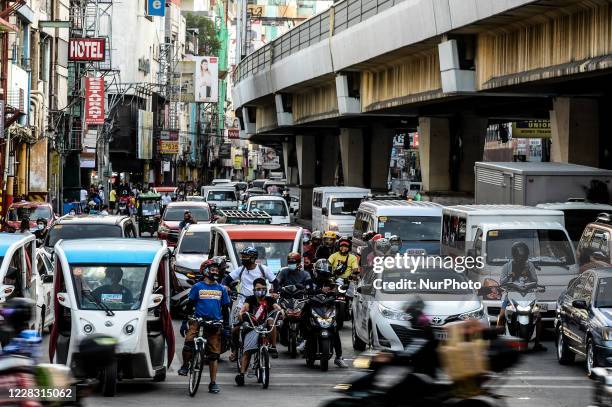 Heavy traffic builds up at an intersection in Manila, Philippines on September 2, 2020.