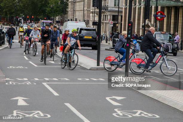 Cyclists in Westminster using the Cycle Lane.