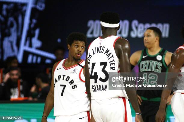 Kyle Lowry and Pascal Siakam of the Toronto Raptors in the game against the Boston Celtics for Game two of the second round of the 2020 Playoffs as...