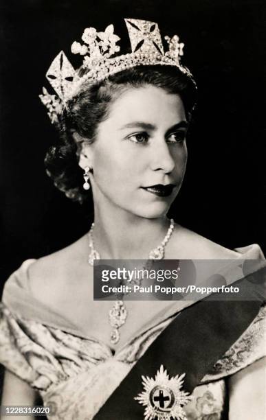 Vintage postcard featuring a coronation portrait of Queen Elizabeth II, circa 1953.