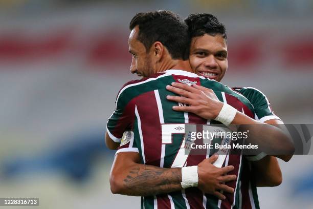 Evanilson of Fluminense celebrates with Nene after scoring a goal during a match between Fluminense and Atletico GO as part of 2020 Brasileirao...