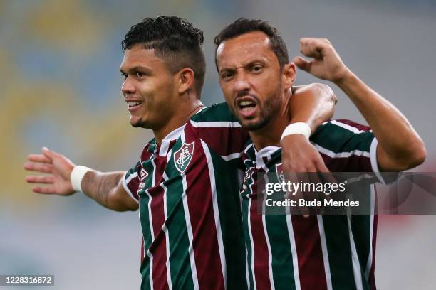 Evanilson of Fluminense celebrates with Nene after scoring a goal during a match between Fluminense and Atletico GO as part of 2020 Brasileirao...