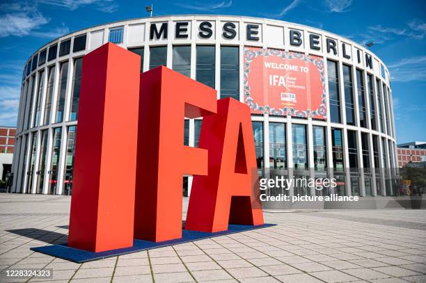 September 2020, Berlin: A logo of the Internationale Funkausstellung stands in front of Messe Berlin. This edition is by invitation only for trade...