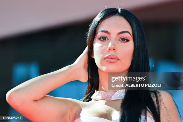 Argentinian-Spanish model and actress Georgina Rodriguez poses as she arrives for the screening of the film "The Human Voice" presented out of...