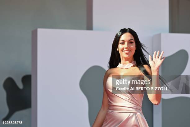 Argentinian-Spanish model and actress Georgina Rodriguez poses as she arrives for the screening of the film "The Human Voice" presented out of...