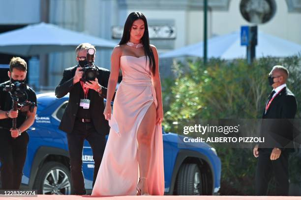 Argentinian-Spanish model and actress Georgina Rodriguez arrives for the screening of the film "The Human Voice" presented out of competition on the...