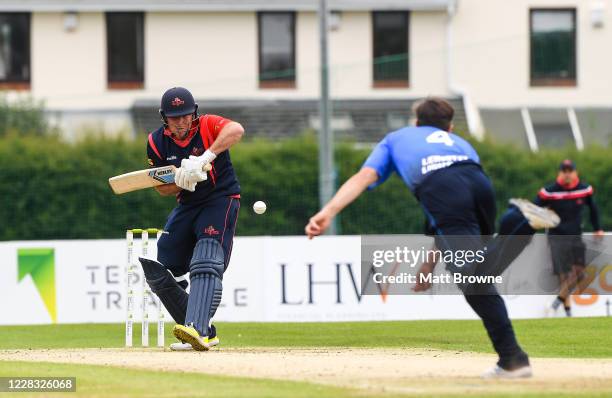 Dublin , Ireland - 3 September 2020; Gary Wilson of Northern Knights plays a shot from Tyrone Kane of Leinster Lightning during the Test Triangle...