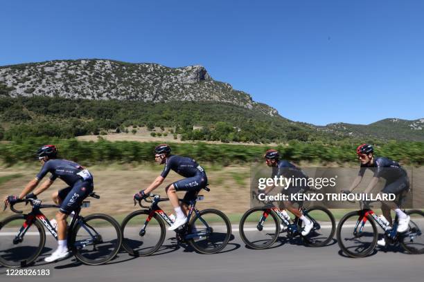 Team Ineos rider Poland's Michal Kwiatkowski, Team Ineos rider Great Britain's Luke Rowe, Team Ineos rider Colombia's Egan Bernal and Team Ineos...