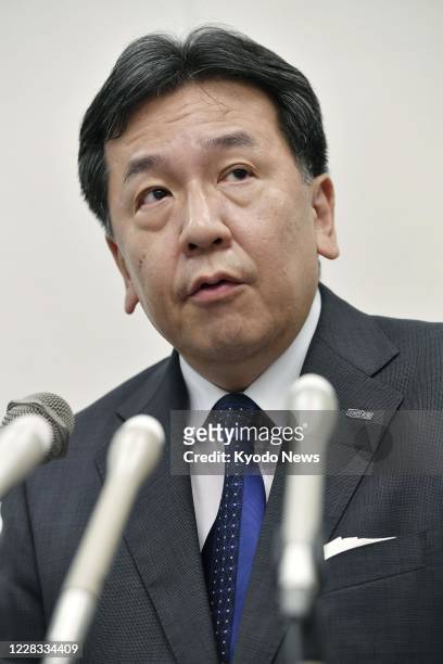 Yukio Edano, head of the Constitutional Democratic Party of Japan, holds a press conference in Tokyo on Sept. 4 to announce his candidacy for...