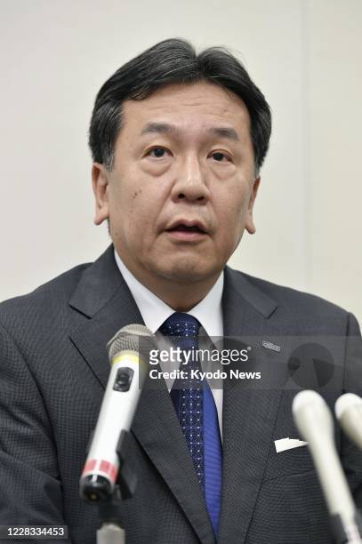 Yukio Edano, head of the Constitutional Democratic Party of Japan, holds a press conference in Tokyo on Sept. 4 to announce his candidacy for...