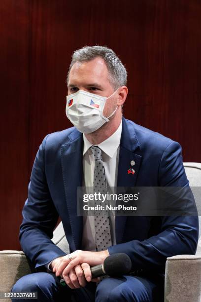 Prague Mayor Zdenek Hrib listen to journalists questions at press conference hold at the Shangri La Far Eastern Hotel in Taipei City, Taiwan, on...