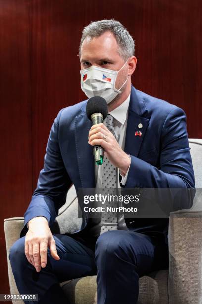 Prague Mayor Zdenek Hrib talking in press conference hold at the Shangri La Far Eastern Hotel in Taipei City, Taiwan, on September 4, 2020 for the...