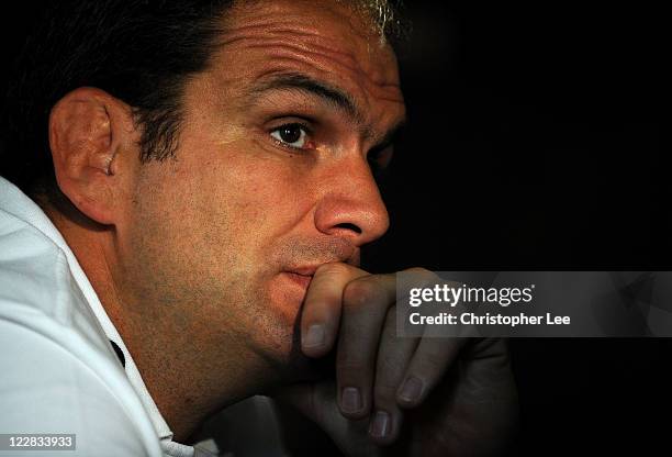 Manager Martin Johnson of England talks to the media during the England Rugby Team Departure Press Conference at Pennyhill Park on August 29, 2011 in...