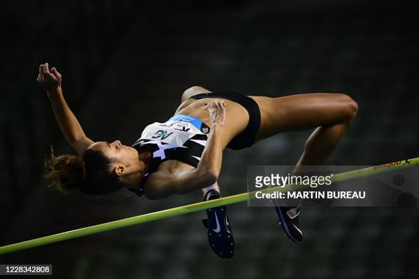 Britain's Katarina Johnson-Thompson competes during the women's high jump event at The Diamond League AG Memorial Van Damme athletics meeting at The...