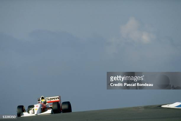 Ayrton Senna of Brazil in action in his McLaren Honda during the European Grand Prix at the Donington Park circuit in England. Senna finished in...