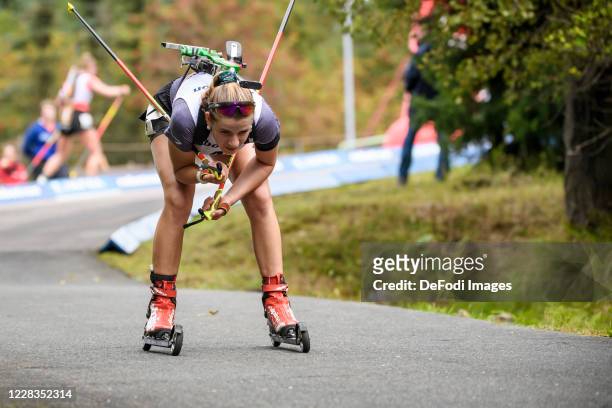 Emilie Behringer of Germany in action competes during the Women 12.5 single competition at the German Biathlon Championships 2020 on September 4,...