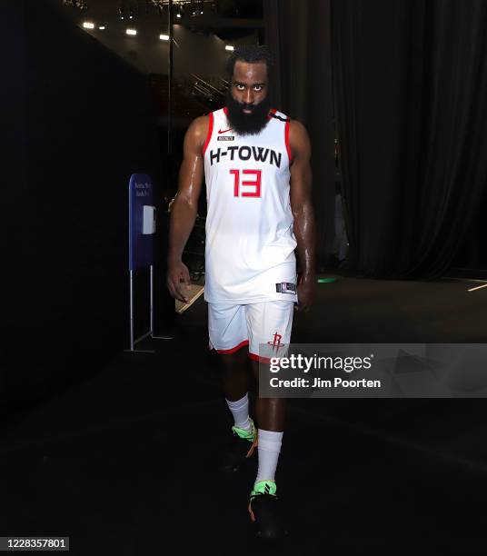 James Harden of the Houston Rockets exits the court after the game against the Los Angeles Lakers for Game one of the second round of the 2020...