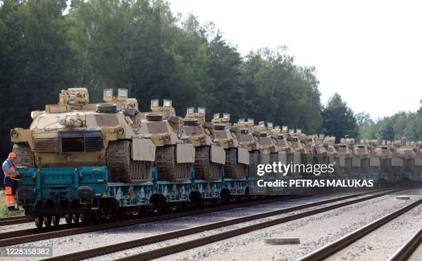 Army Abrams tanks of the 2nd Brigade 69th Regiment 2nd Battalion are pictured at Mockava railway station in Lithuania, on September 5, 2020. -...