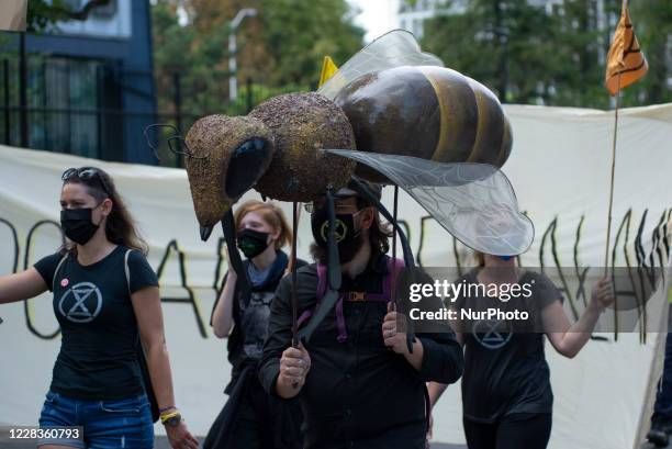 Demonstrator wearing a protective face mask holds a bee model during the great march for climate on September 5, 2020 in Warsaw, Poland. A few...