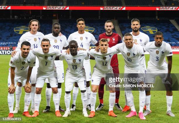 Sweden players France's midfielder Adrien Rabiot, France's defender Dayot Upamecano, France's defender Raphael Varane and France's goalkeeper Hugo...
