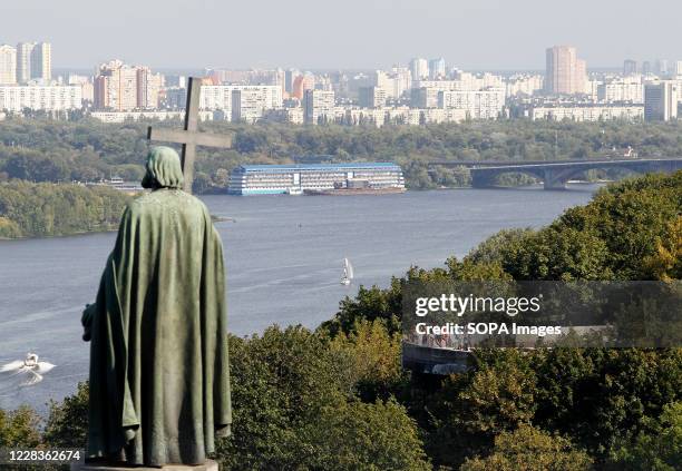 The St.Vladimir monument and a view of the left bank over the Dnipro river seen from Vladimir Hill in downtown of Kiev, Ukraine.