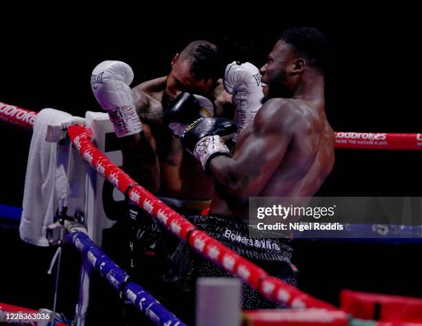 Isaac Chamberlain in action with Matt Sen during the Heavyweight fight between Isaac Chamberlain and Matt Sen on September 5, 2020 in Wakefield,...