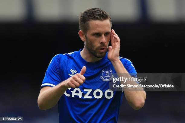 Gylfi Sigurdsson of Everton gives the thumbs-up during the pre-season friendly match between Everton and Preston North End at Goodison Park on...