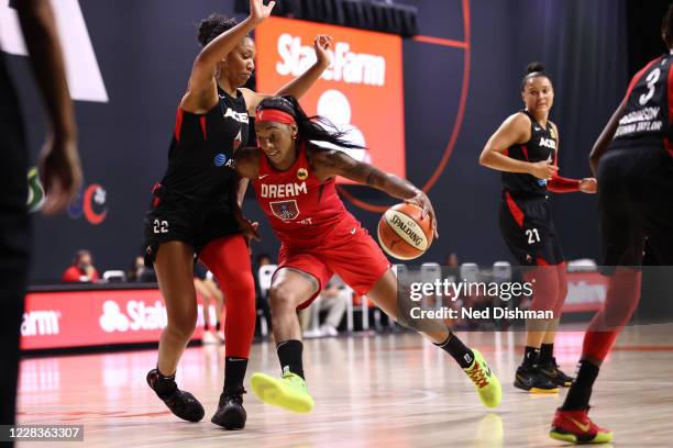 Glory Johnson of the Atlanta Dream drives to the basket against the Las Vegas Aces on September 5, 2020 at Feld Entertainment Center in Palmetto,...