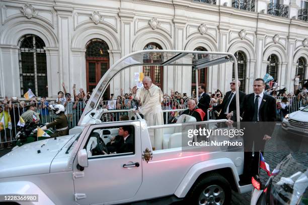 Pope Francis on his way to the Metropolitan Cathedral of Santiago, Chile on Juanuary 16, 2018. Pope Francis' visit to Chile has been marked by...