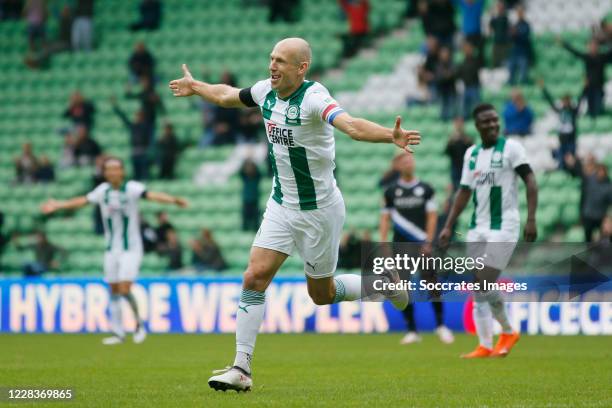 Arjen Robben of FC Groningen celebrates 1-0 during the Club Friendly match between FC Groningen v Arminia Bielefeld at the Hitachi Capital Mobility...