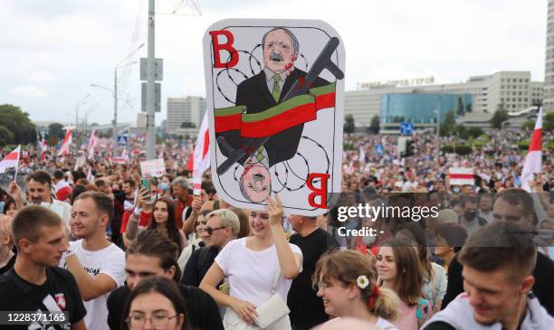 Belarus opposition supporters attend a rally to protest against the disputed August 9 presidential elections results in Minsk on September 6, 2020....