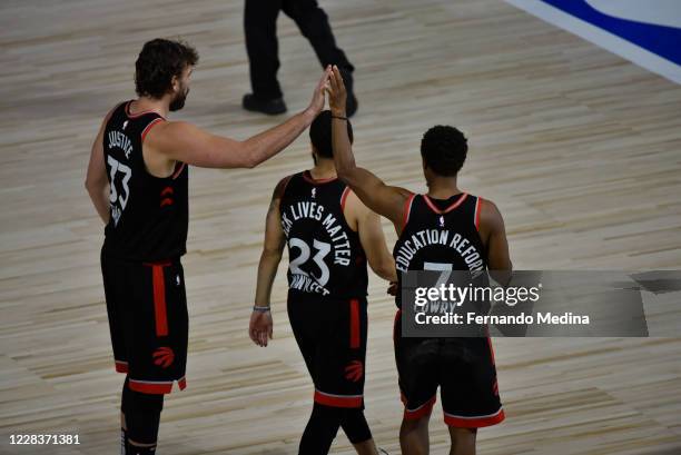 Marc Gasol, Fred VanVleet and Kyle Lowry of the Toronto Raptors in the game against the Boston Celtics for Game four of the second round of the 2020...