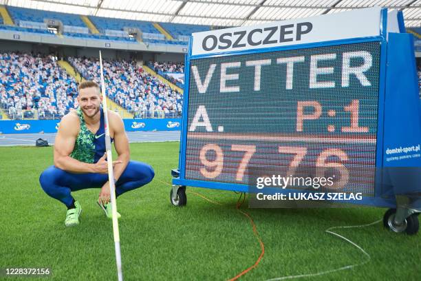 Germany's Johannes Vetter celebrates winning the Javelin competition during the IAAF World Athletics Continental Gold meeting at Kamila Skolimowska...