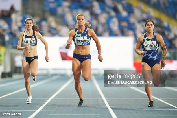 Netherlands' Dafne Schippers wins the 100m race ahead of Britain's Amy Hunt and Poland's Ewa Swoboda during the IAAF World Athletics Continental Gold...